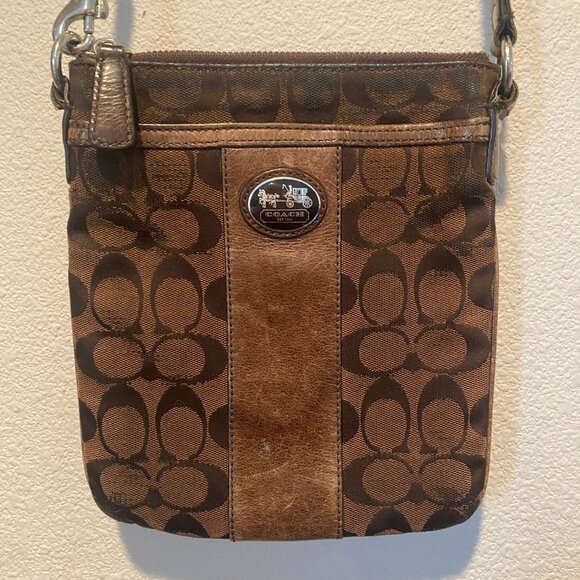Coach Monogram Canvas‎ Crossbody Bag Brown Vintage Purse 8.5x7.5 - Picture 1 of 6